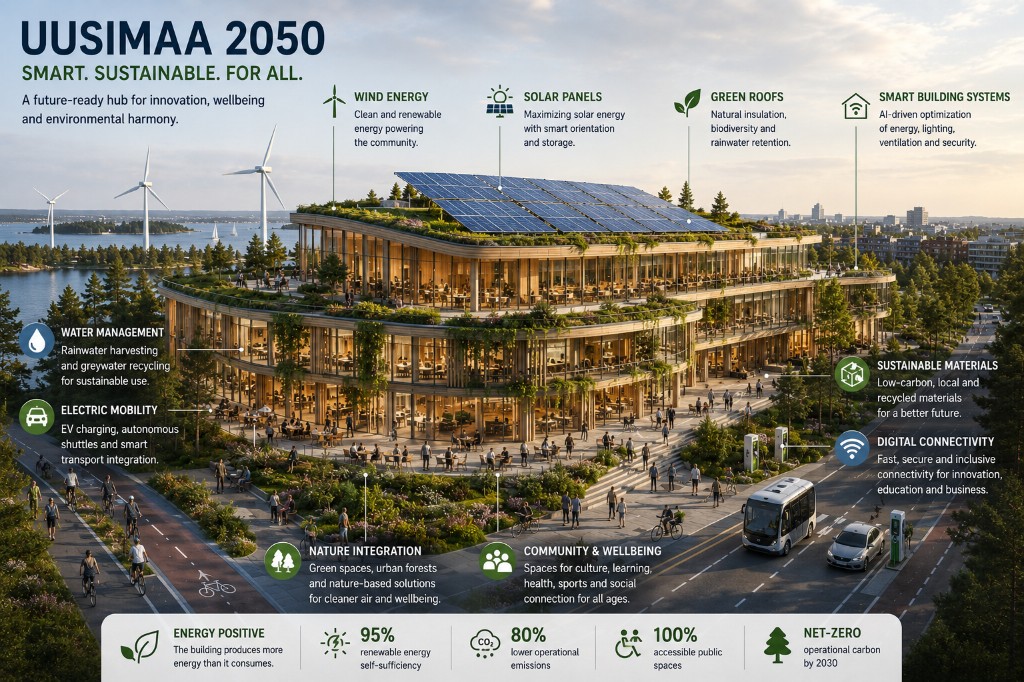Concept visualization of a climate-positive community hub in Uusimaa 2050 with timber architecture, green roofs, solar panels, parks and sustainable mobility