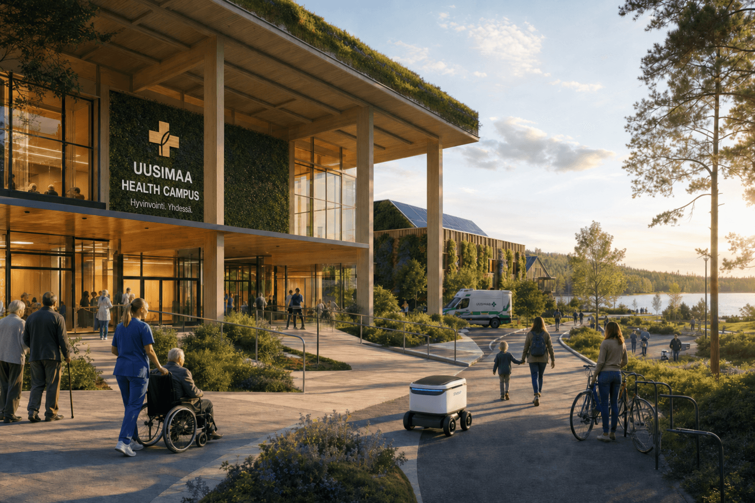 Photorealistic concept of a Nordic healthcare campus in Uusimaa with mass timber architecture, green roofs, solar panels, electric ambulances and people of all ages in a calm Finnish landscape